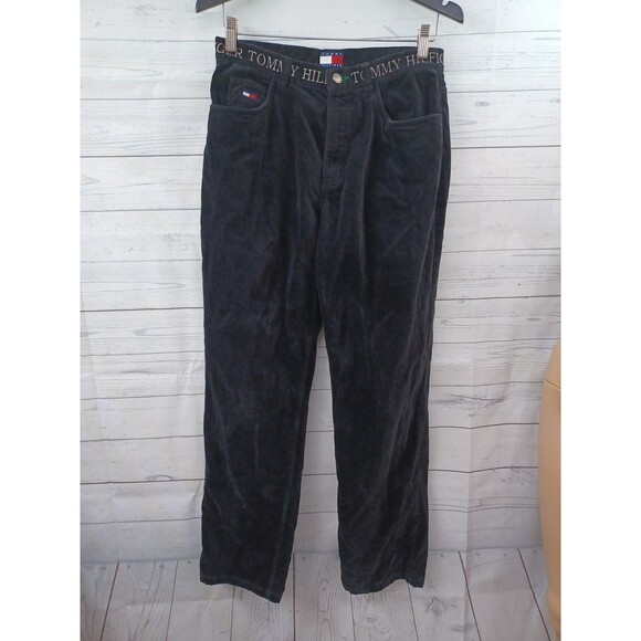 Vintage Y2K Tommy Hilfiger Velvet Pant Womens Embroidered Spell Out Waist Sz 10 - Picture 1 of 5